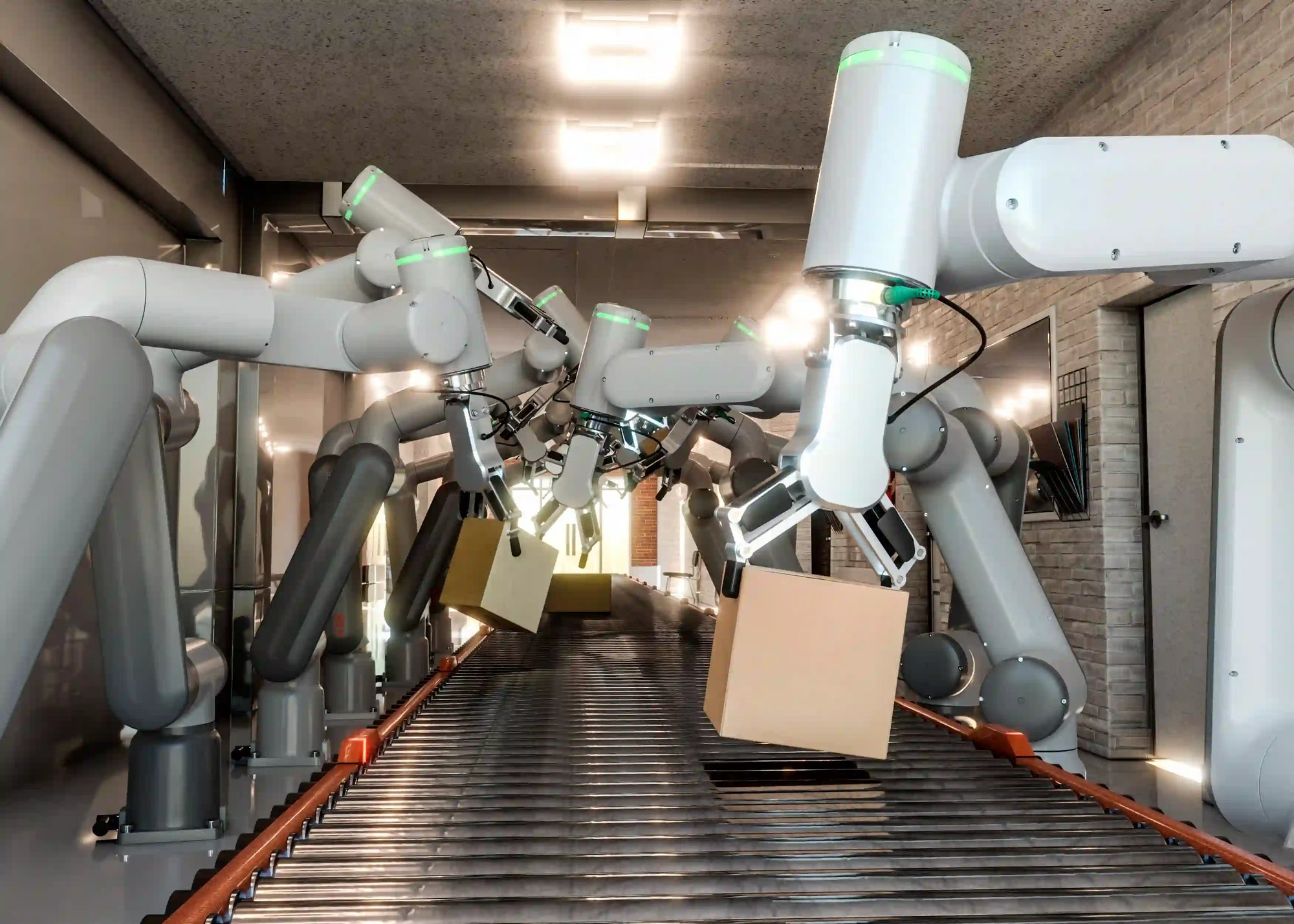 Robotic arms assembling packages on a conveyor belt in a smart factory.