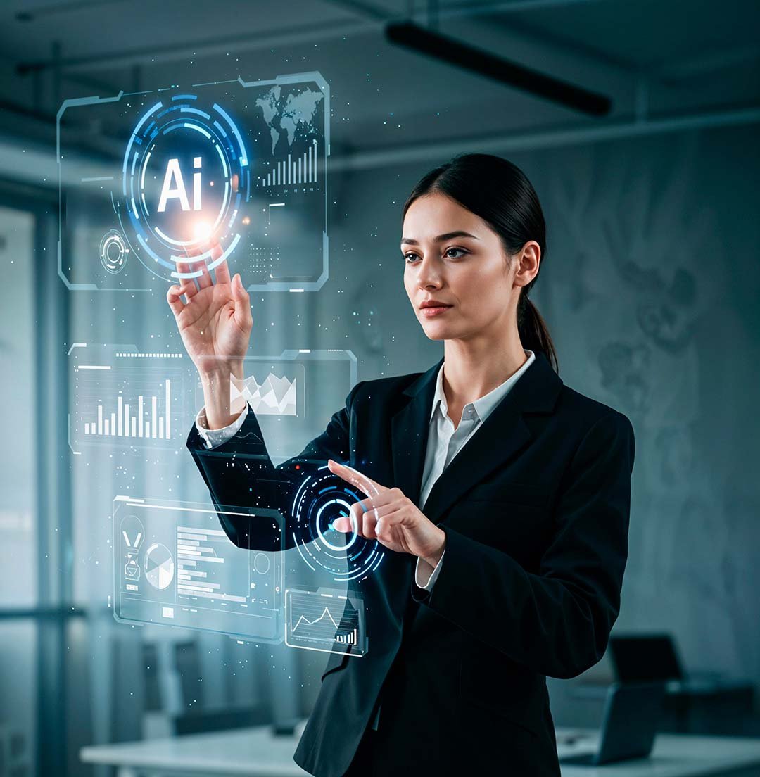 Businesswoman interacting with virtual AI interface, symbolizing executive AI readiness.