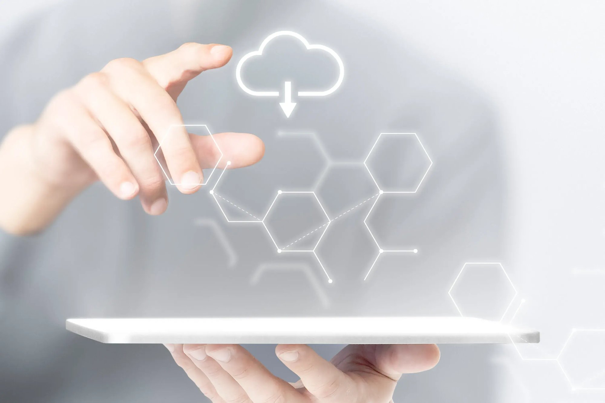 Hand interacting with floating tech icons, symbolizing AI and cybersecurity services.