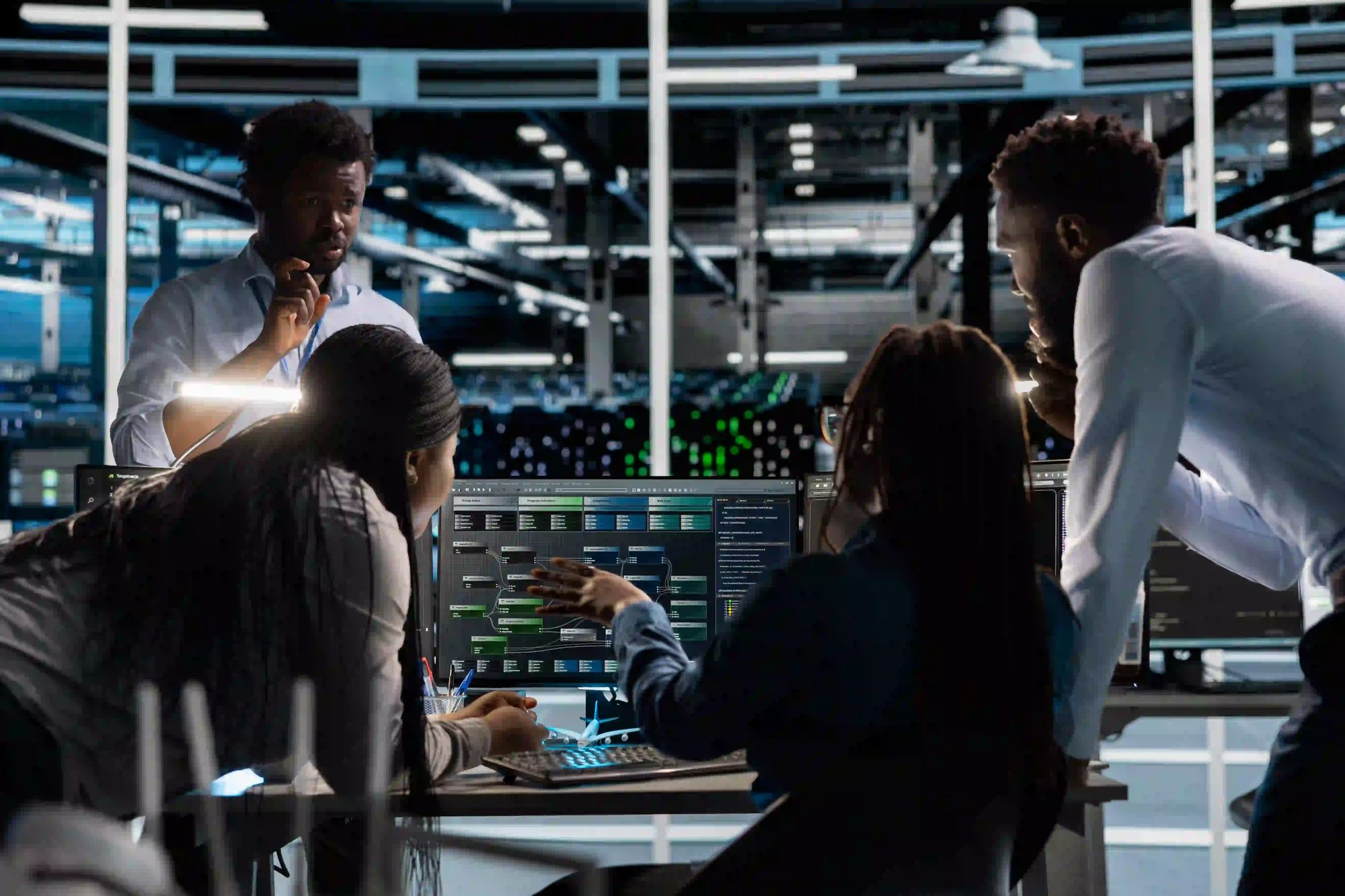 DevOps team collaborating in a control room, ensuring 99.99% uptime for commercetools.