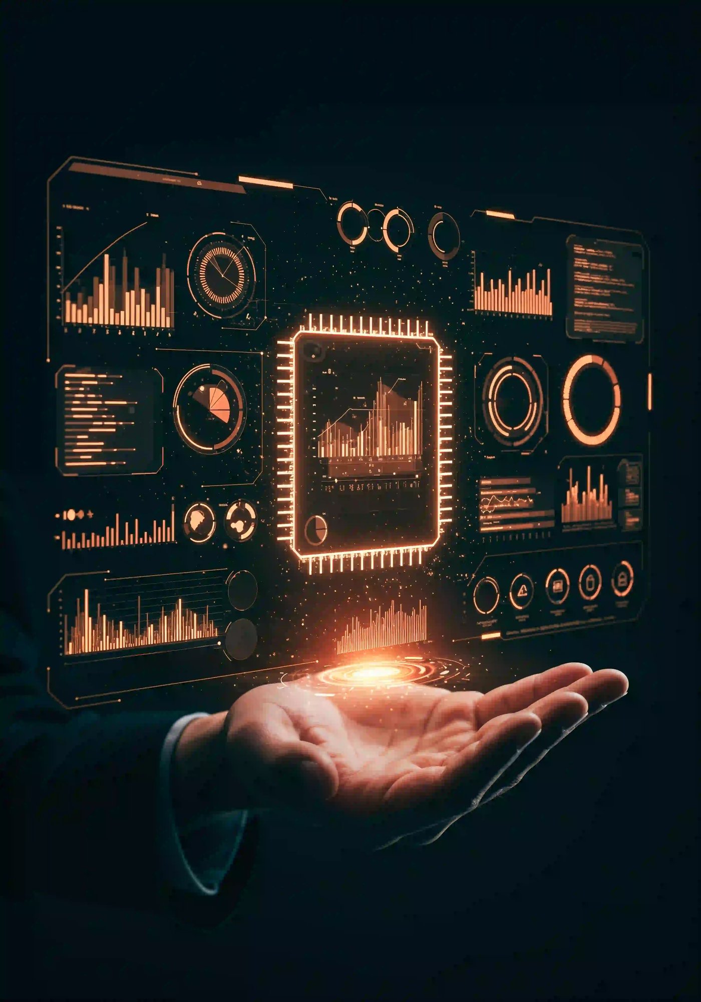 Hand holding glowing digital dashboard, symbolizing AI and MLOps acceleration tools