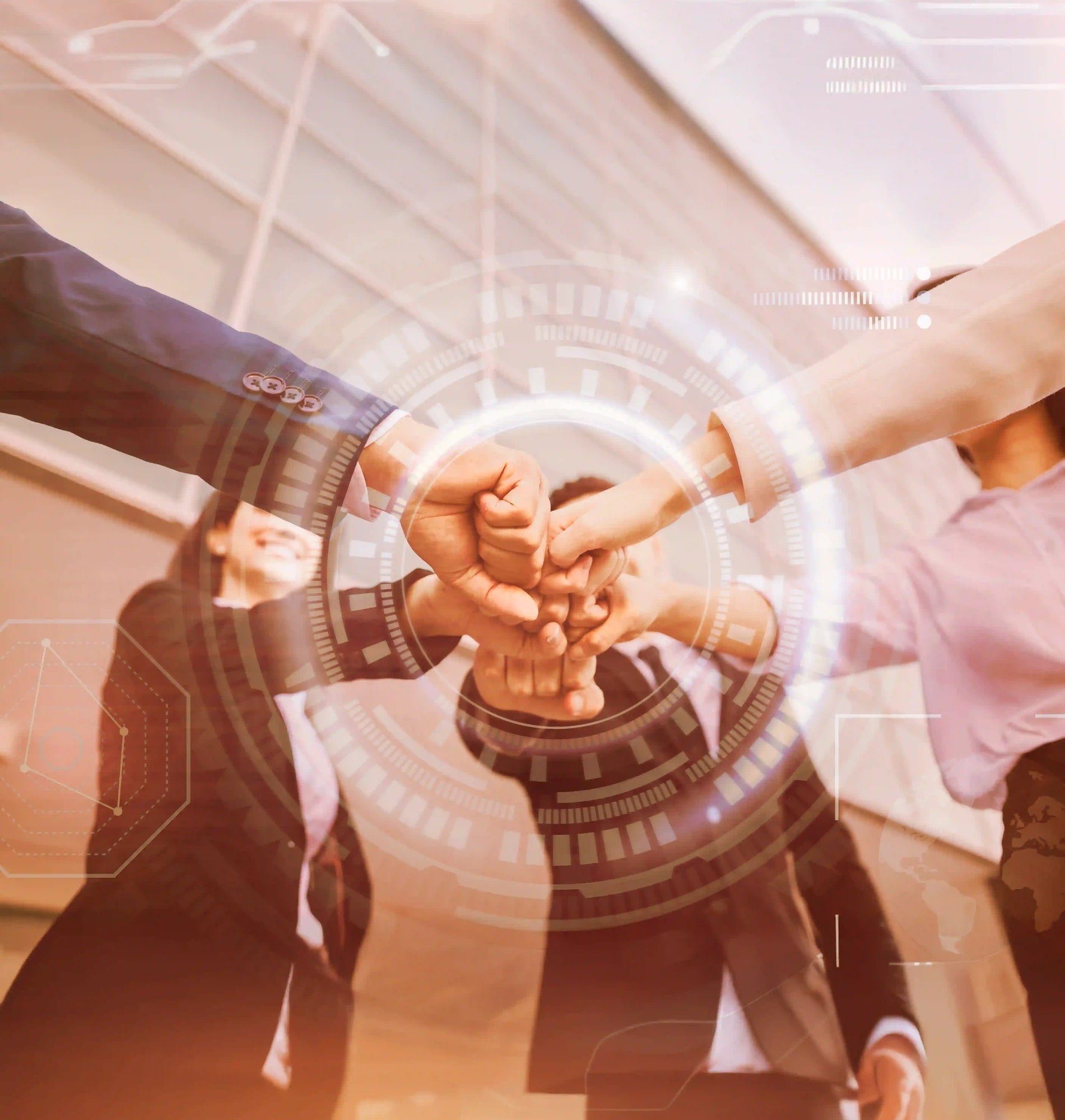 Business team performing a group fist bump, overlaid with tech graphics symbolizing collaboration and digital strategy.
