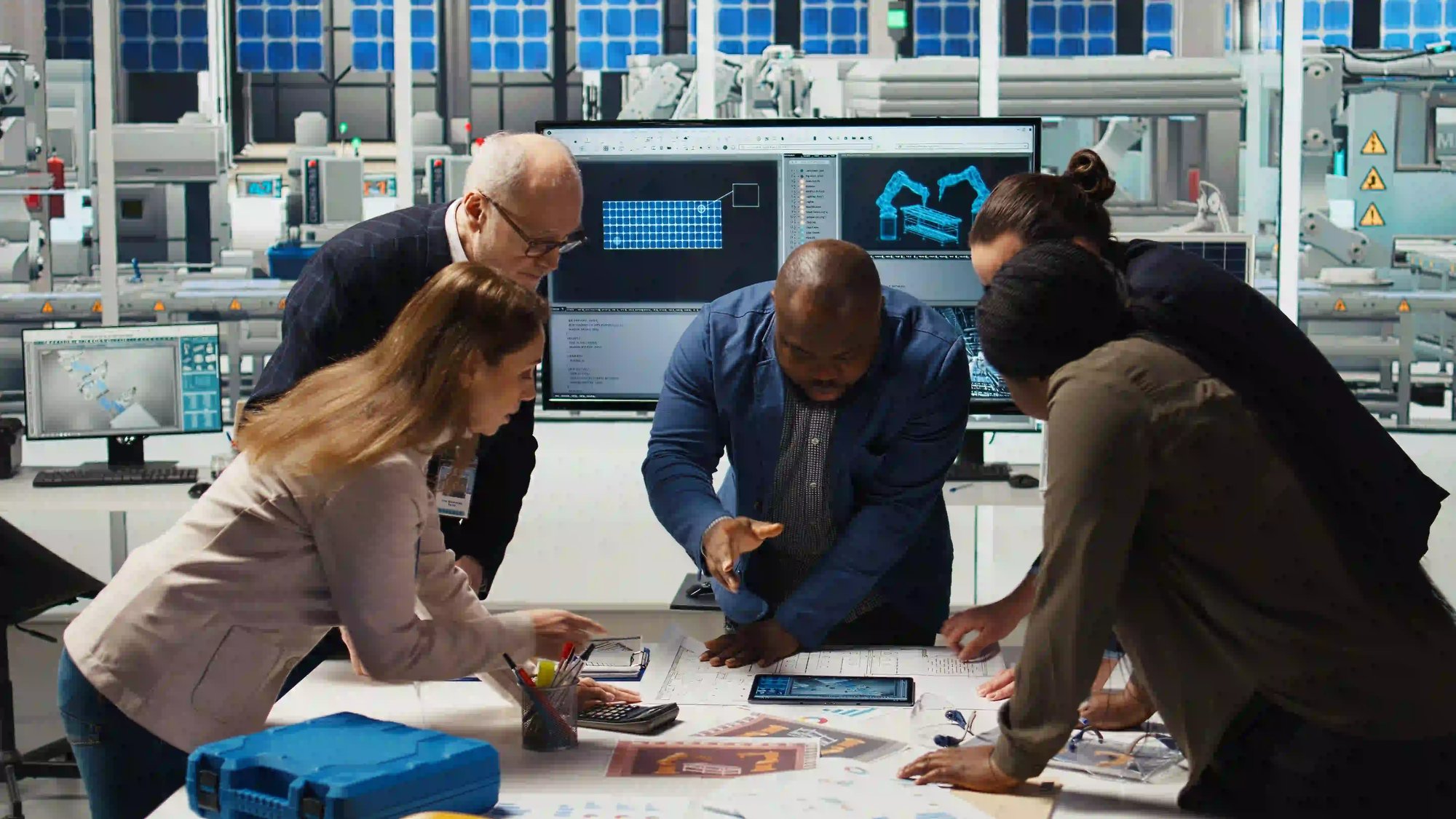 factory engineers refining production layouts using tablet factory engineers refining production layouts using tablet