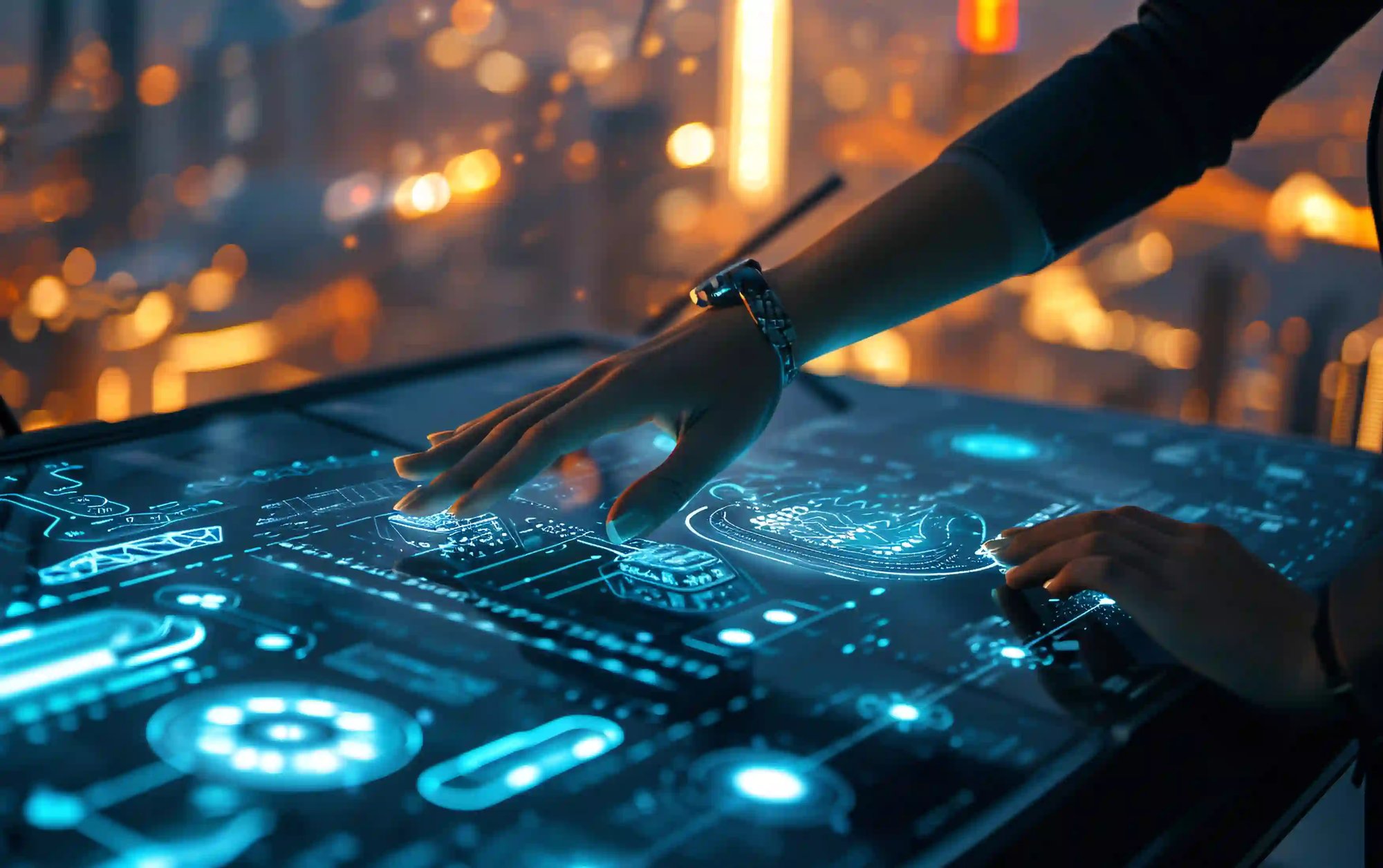 Hand interacting with futuristic digital interface on a large touchscreen