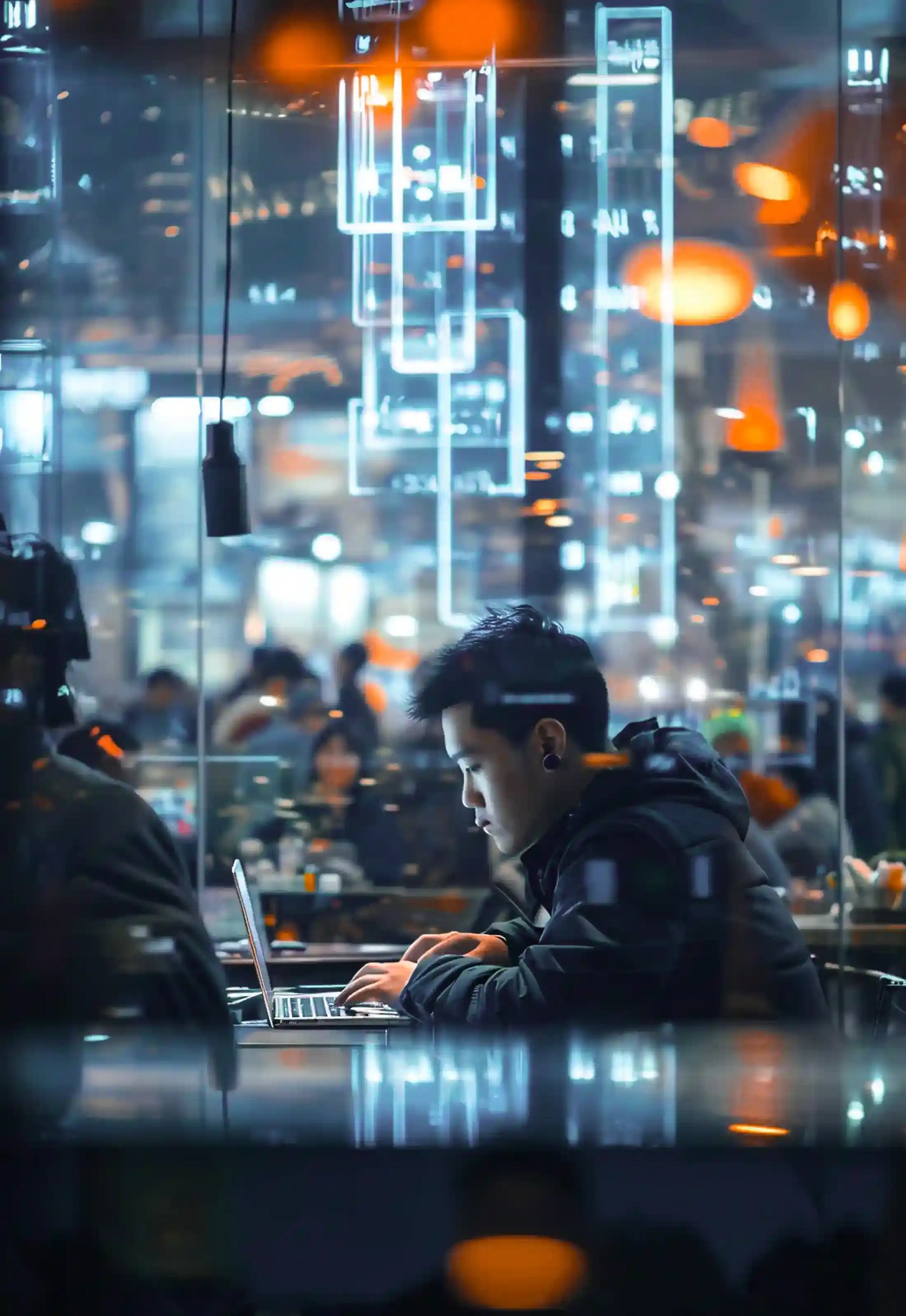 Man working on laptop in a modern city café, highlighting tech operations bridging to Asia and China.