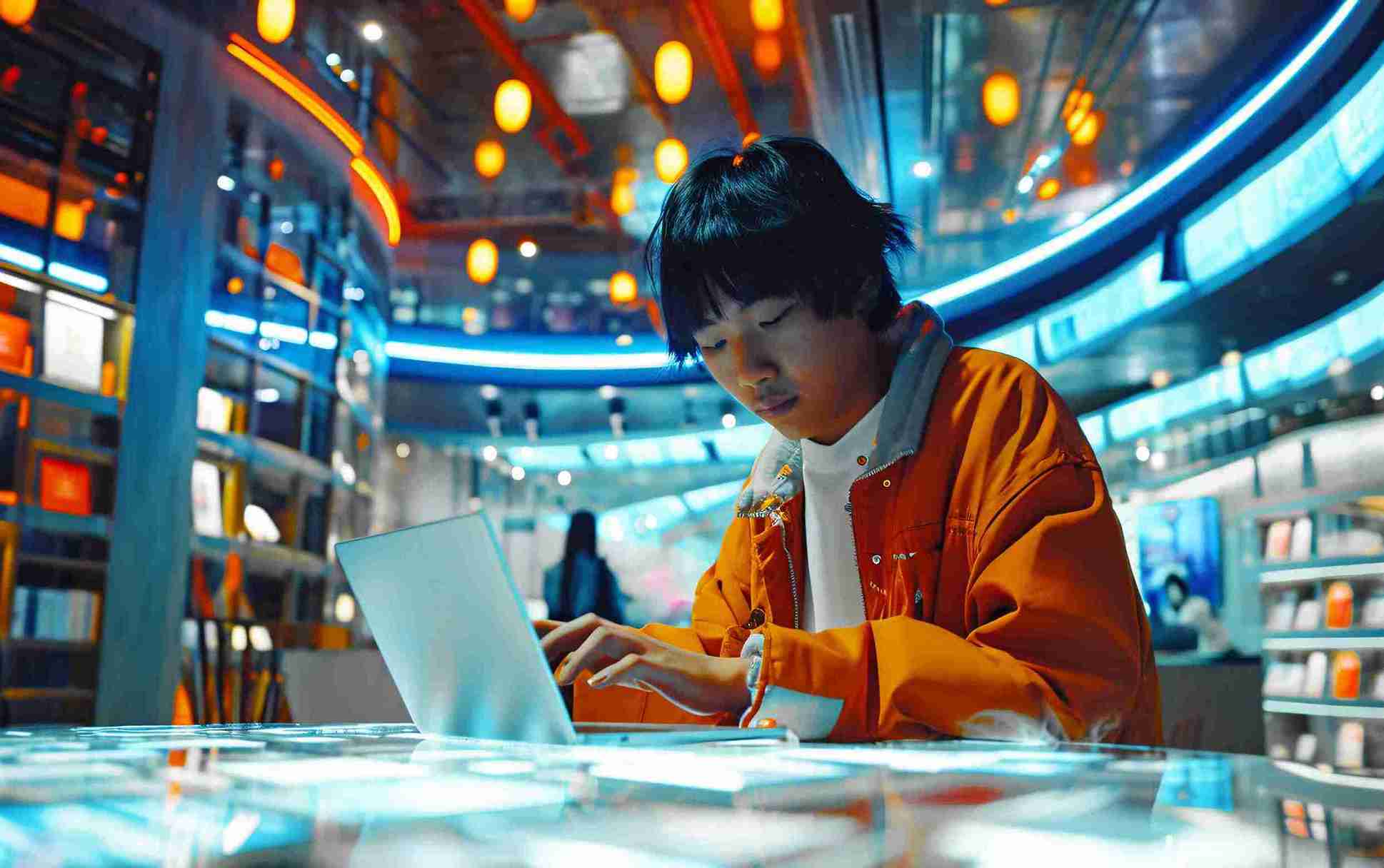 Young professional using laptop in futuristic digital workspace