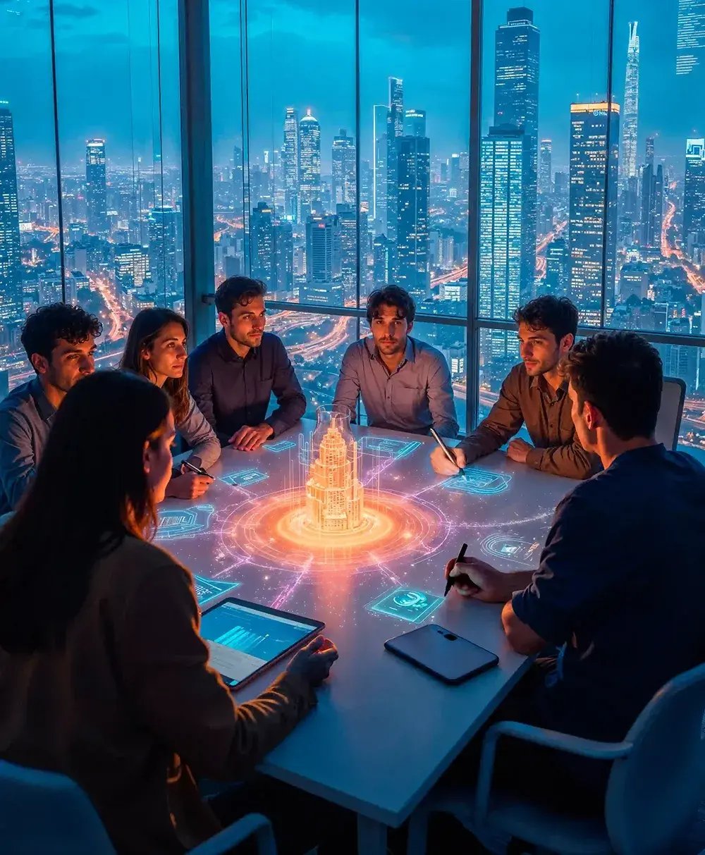 Business team discussing strategy around holographic city model in high-rise office.