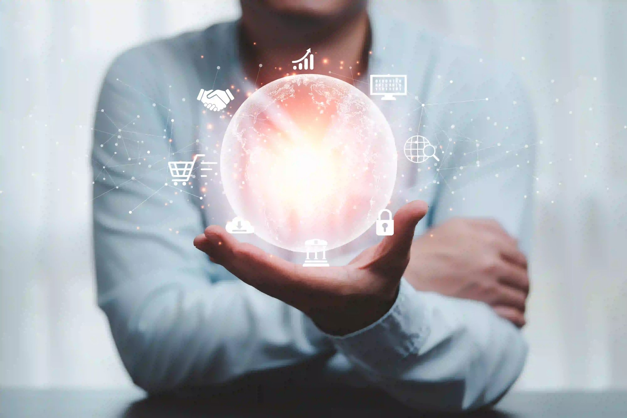 man hand holding virtual world with internet connection metaverse global business marketing banking financial pass thru application technology concept