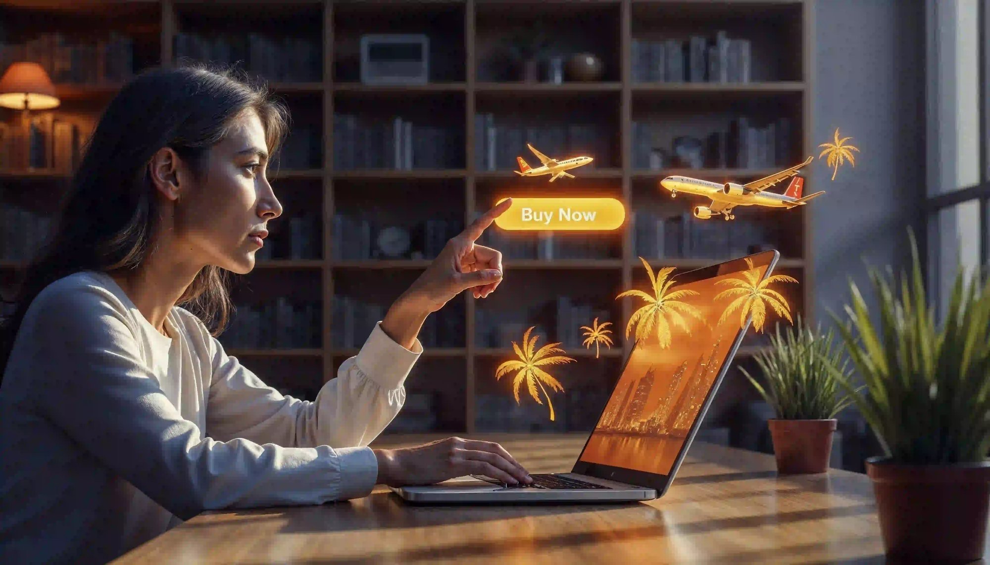 Woman using laptop with virtual 'Buy Now' icon and glowing travel elements.
