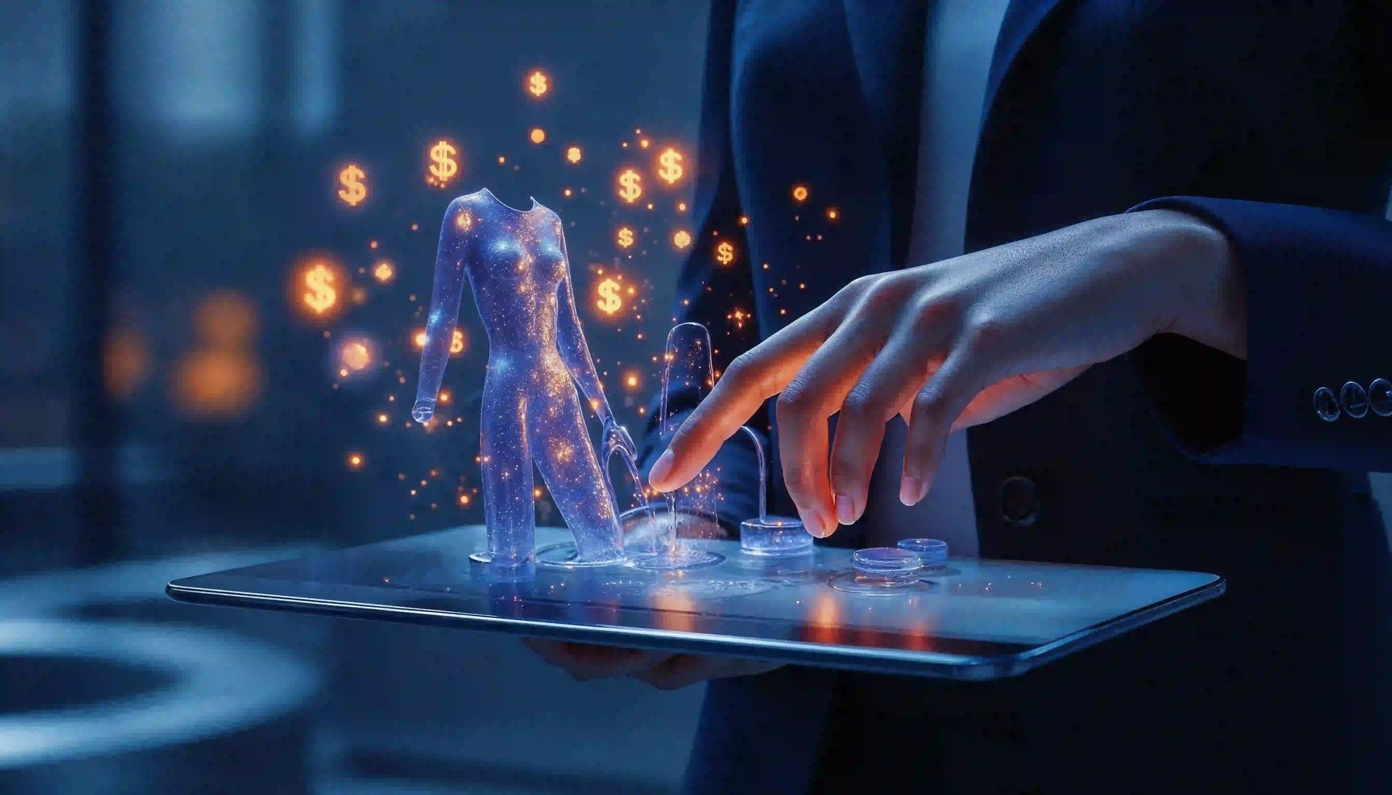 Hands interacting with digital tablet displaying holographic fintech data and shopping icons.