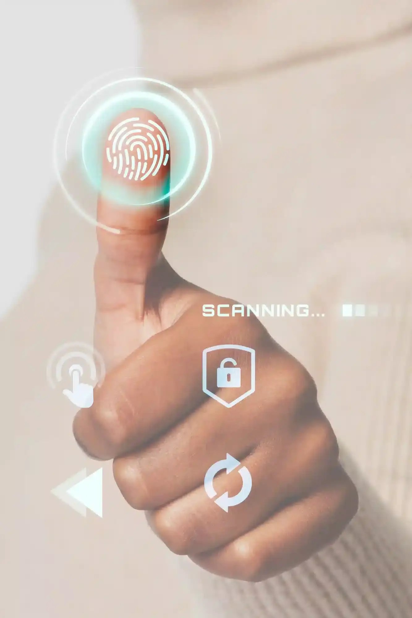 Thumbprint scan with digital security icons, representing AI-driven identity verification.