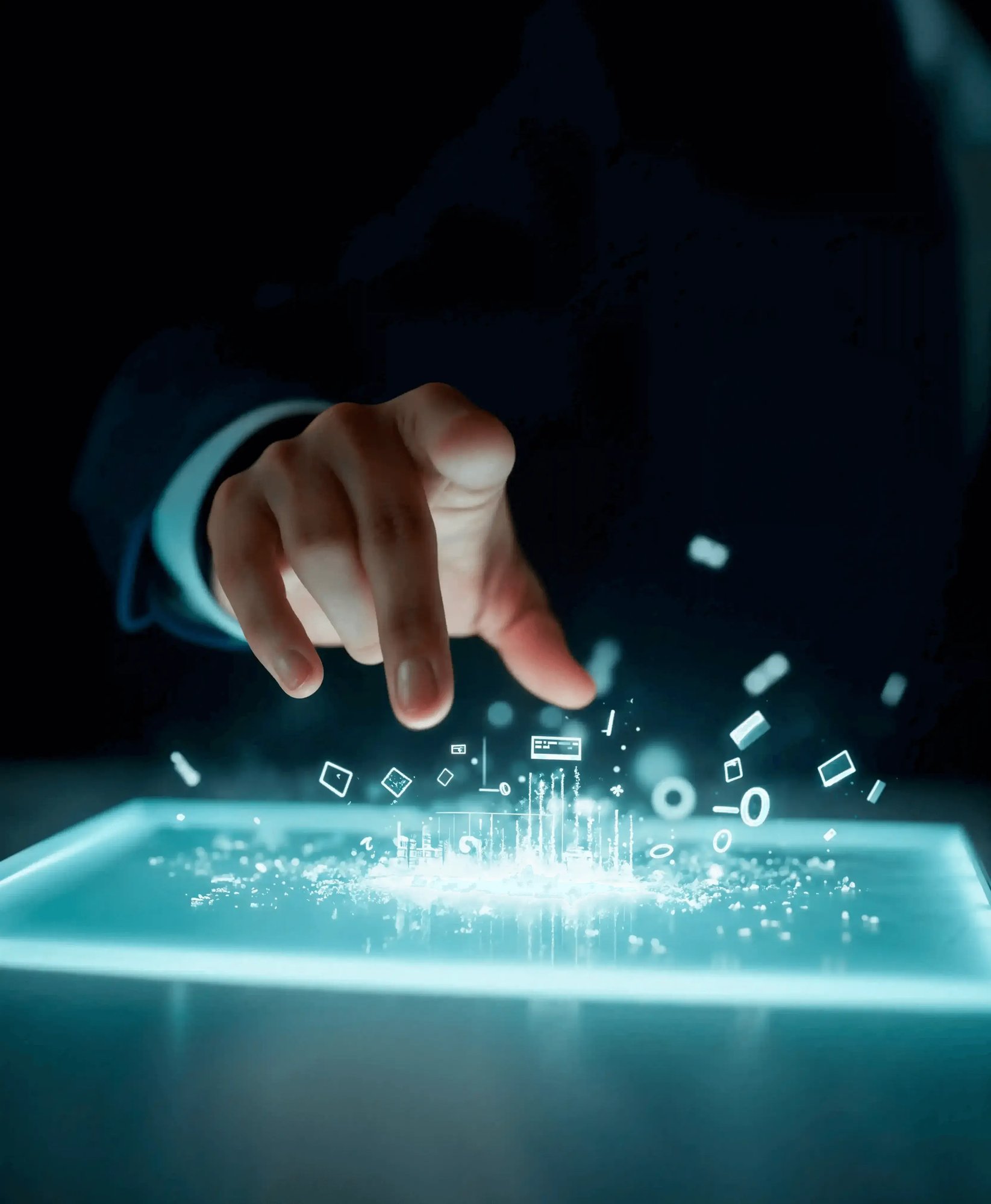 Hand interacting with digital holographic interface, representing scalable tech architecture and future-ready systems